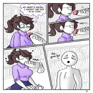 anon, anor3xia, blowjob, bookshelf, glasses, glory hole, jaiden animations, purple sweater