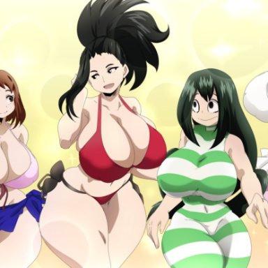 big breasts, bikini, blue bikini, brown hair, green bikini, green hair, horn, kyoka jiro, mina ashido, momo yaoyorozu, my hero academia, ochako uraraka, okioppai, one-piece swimsuit, pink bikini