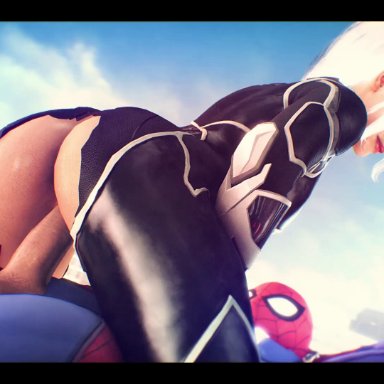 3d, animated, bayernsfm, big ass, black cat, black suit, blue eyes, bouncy, bubble butt, cowgirl position, felicia hardy, leather, marvel, marvel comics, peter parker