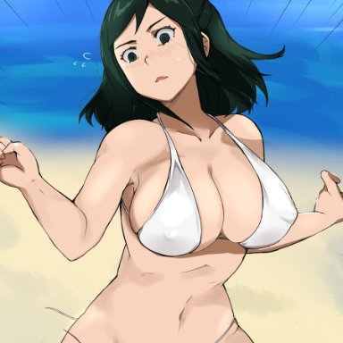 big breasts, cafekun, female, green eyes, green hair, hair bun, inko midoriya, long hair, mature female, milf, my hero academia, nipples, nipples visible through clothing, solo, solo female