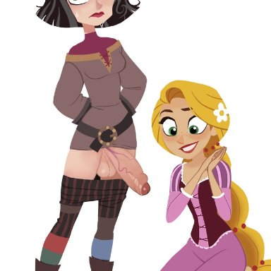 balls, black hair, blank background, cassandra (tangled), disney, disney princesses, futanari, golden hair, green eyes, hands behind back, hands together, impressed, mangamaster, pants down, penis