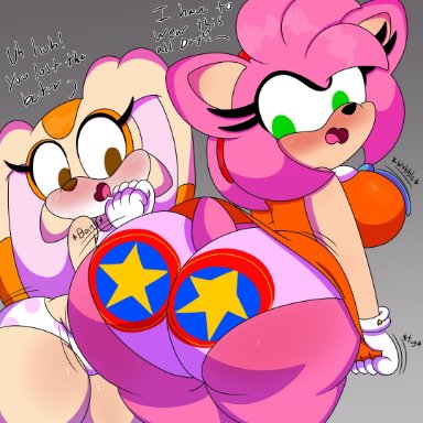 2girls, 3barts, amy rose, anthro, big ass, blush, clothed, clothing, cream the rabbit, dress, embarrassed, female, female only, furry, highres
