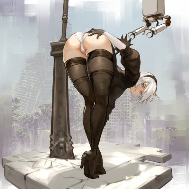 android, azto dio, big ass, big breasts, blue eyes, bob cut, female, female only, high heel boots, high heels, looking back, nier (series), nier: automata, short hair, solo