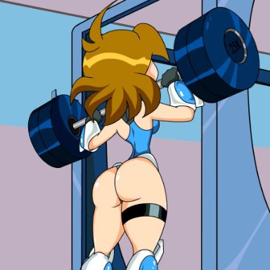 animated, artjimx, ass, bikini armor, blonde hair, bouncing ass, dat ass, female, fitness, gym, huge ass, indoor, mighty switch force, patricia wagon, short hair