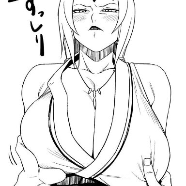 angry, big breasts, black and white drawing, blonde hair, breast grab, cleavage, female, long hair, male, male/female, mature female, naruto, necklace, nipples, nipples visible through clothing