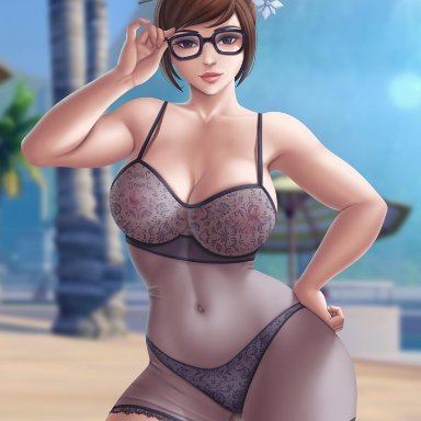 big breasts, brown hair, female, female only, flowerxl, hairbun, long hair, mei (overwatch), overwatch, solo, solo female, solo focus