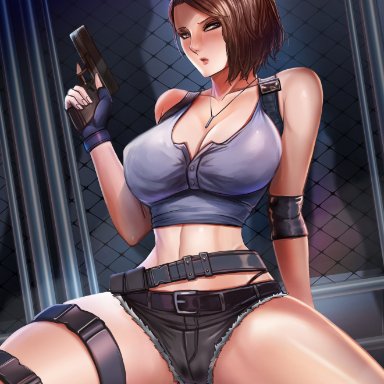 1girls, abs, badcompzero, big breasts, breasts, female, female only, jill valentine, large breasts, looking at viewer, resident evil, resident evil 3, solo, spread legs