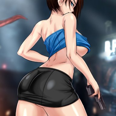 big breasts, blue eyes, brown hair, capcom, female, female only, jill valentine, mature female, resident evil, resident evil 3, short hair, skirt, solo, solo female, solo focus