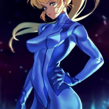 1girls, blonde hair, bodysuit, breasts, cleavage, clothed, female, female only, looking at viewer, metroid, nintendo, optionaltypo, ponytail, samus aran, solo