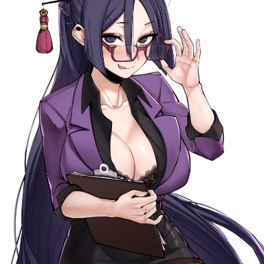 1girls, blush, clipboard, fate (series), fate/grand order, glasses, hair ornament, huge breasts, j.k., licking lips, long hair, looking at viewer, minamoto no raikou (fate/grand order), miniskirt, office lady