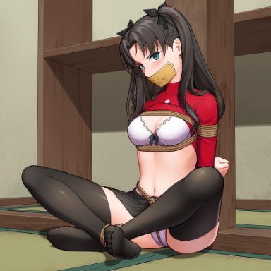 1girls, angry, ankles tied, arms behind back, bare midriff, black hair, black legwear, black thighhighs, blush, bondage, bow, bow bra, bra, breasts, clothes lift