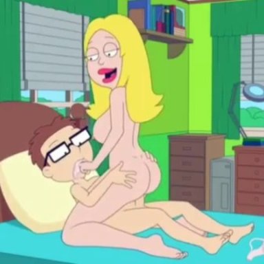 1girl, 1girls, age difference, american dad, animated, ass, bedroom, big ass, big breasts, blonde hair, bouncing ass, bouncing breasts, breasts, butt, completely nude