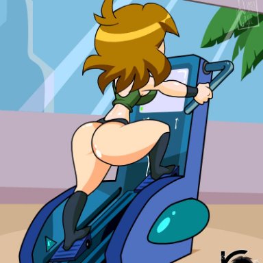 animated, artjimx, ass, blonde hair, dat ass, female, gym, huge ass, indoor, large breasts, mighty switch force, patricia wagon, short hair, sideboob, sweating