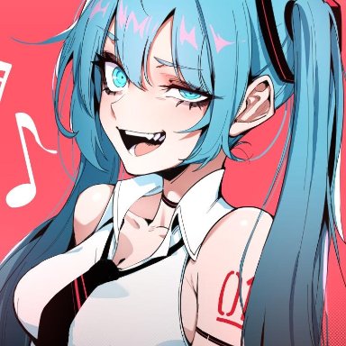 1girls, blue eyes, blue hair, crazy eyes, hair ornament, hatsune miku, j.k., looking at viewer, sleeveless shirt, small breasts, tattoo, tie, twintails, yandere