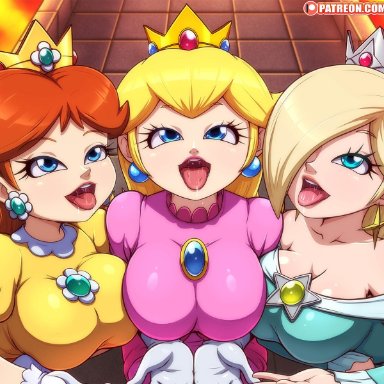 3girls, background, big breasts, blonde hair, brown hair, clothed, looking up, nintendo, open mouth, patreon, presenting, presenting mouth, princess daisy, princess peach, princess rosalina