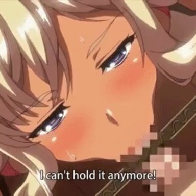 1boy, 1girls, animated, baka dakedo chinchin shaburu no dake wa jouzu na chii-chan, big breasts, blonde hair, censored, cum in mouth, cum in throat, cum inside, dark-skinned female, deepthroat, english text, fat man, glory hole