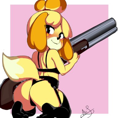 1girls, alternate outfit, animal crossing, ass, back, bra, canine, clothed, crossover, doom, eye contact, female, female only, furry, isabelle (animal crossing)