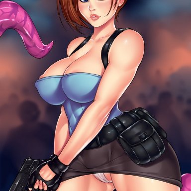 ange1witch, big breasts, blue eyes, brown hair, exposed pussy, female, female only, jill valentine, mature female, nipples, nipples visible through clothing, panties, resident evil, resident evil 3, short hair