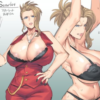 angry, areola slip, armpits, blonde hair, blue eyes, bra, business suit, character request, cleavage, earrings, final fantasy, final fantasy vii, huge breasts, looking at viewer, necklace