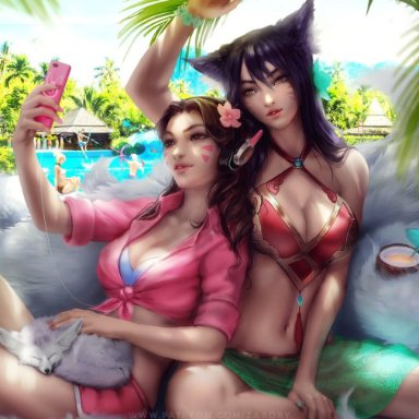 ahri, d.va, league of legends, mercy, overwatch, pool, pool party series, poolside, zarory