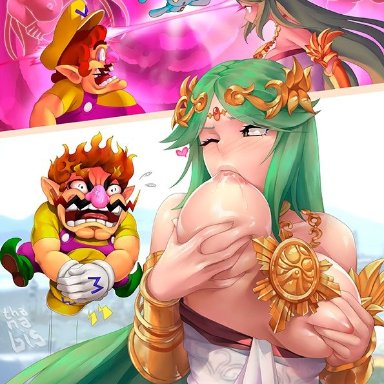 1boy, 1girls, ambiguous gender, big breasts, body swap, breast sucking, breasts, breasts out, crossover, deity, goddess, kid icarus, larger female, magic, manaphy