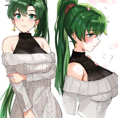 1girls, arm under breasts, big breasts, blush, breasts, clothed, clothing, earrings, female, female only, fire emblem, fire emblem: rekka no ken, green eyes, green hair, long hair