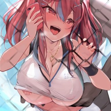 1boy, against fence, areola slip, areolae, azur lane, bangs, bare shoulders, bow, breast grab, breasts, bremerton (azur lane), bremerton (scorching-hot training) (azur lane), cellphone, chain-link fence, covered nipples