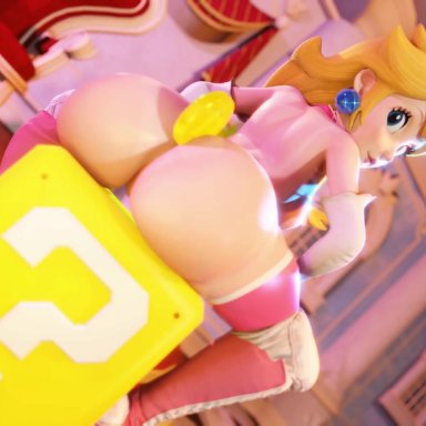 1girl, 3d, animated, ass, blonde hair, blue eyes, coin, crisisbeat, crown, earrings, female, looking back, nintendo, princess peach, solo