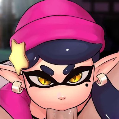 1boy, 1girls, animated, beachside bunnies, black hair, blowjob, callie (splatoon), cum, cum in mouth, dialogue, duo, face fucking, facefuck, fellatio, female