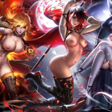 3girls, arms above head, boots, breasts, clothing, female, female only, gloves, high heels, liang xing, looking at viewer, nipples, partially clothed, prosthetic, prosthetic arm