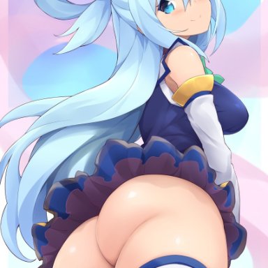 aqua (konosuba), ass, bare shoulders, blue eyes, blue hair, blush, from behind, from below, highres, jampen, kono subarashii sekai ni shukufuku wo!, long hair, looking at viewer, looking back, looking back at viewer