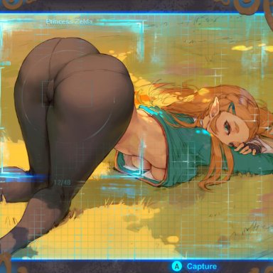 1girls, all fours, ass, ass focus, bent over, black gloves, black legwear, black pants, blonde hair, boots, braid, breath of the wild, closed mouth, cutesexyrobutts, day