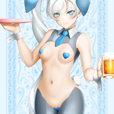 1girls, breasts, bunny ears, bunny girl, bunnysuit, cleavage, female, female only, kimmy77, pasties, reverse bunnysuit, rwby, weiss schnee