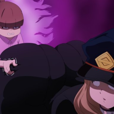 :o, angry, big butt, black clothing, camie utsushimi, clothed, edit, hat, huge ass, looking at another, looking back, menacing, my hero academia, okioppai, pinching