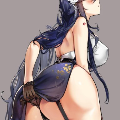 amber eyes, azuma (azur lane), azur lane, big breasts, black legwear, black panties, blue hair, blush, hair ornament, huge ass, long hair, looking back, nipple bulge, pelvic curtain, pelvic curtain lift