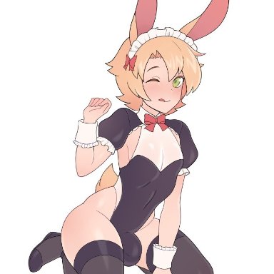 1boy, blush, bulge, bunny boy, bunnysuit, cuccoking, femboy, girly, looking at viewer, male, male only, trap