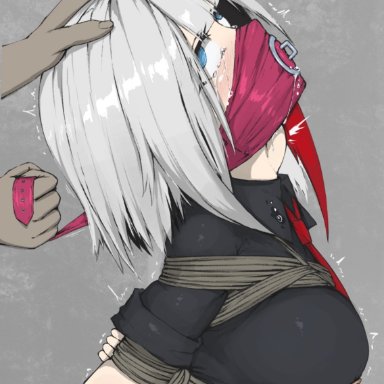 1girls, 1male, 2020, admiral graf spee (azur lane), arms behind back, azur lane, blue eyes, bondage, clothing, crying, crying with eyes open, deepthroat, dildo, dildo gag, eyes rolling back