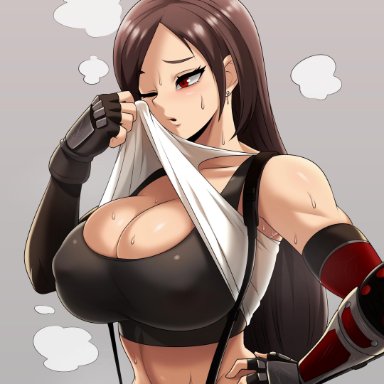 1girls, abs, armguard, armwear, black hair, breasts, cleavage, female, female only, final fantasy, final fantasy vii, gloves, huge breasts, jmg, long hair