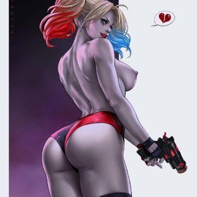 ass, big ass, blonde hair, blue eyes, breasts, broken heart, dandon fuga, dc, dc comics, grey skin, gun, harley quinn, thick thighs, topless