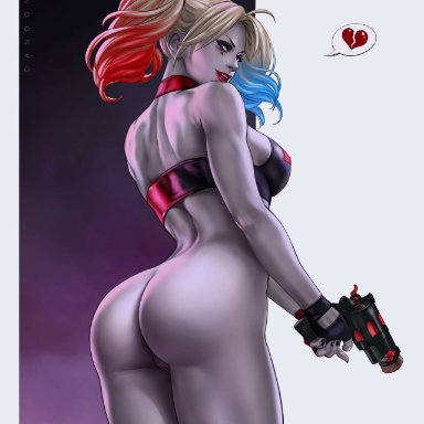 ass, big ass, blonde hair, blue eyes, bottomless, broken heart, dandon fuga, dc, dc comics, grey skin, gun, harley quinn, pigtails, pussy, red lipstick