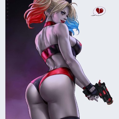 ass, big ass, blonde, blonde hair, blue eyes, broken heart, dandon fuga, dc, dc comics, grey skin, gun, harley quinn, thick thighs