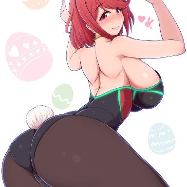 big ass, big breasts, bunny ears, bunny girl, bunnysuit, easter egg, female, female only, looking at viewer, looking back, nintendo, pantyhose, ponpoppo, pyra, red eyes