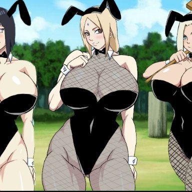 3girls, boruto: naruto next generations, bunny ears, bunny girl, bunnysuit, hyuuga hinata, ino yamanaka, looking at viewer, naruho, naruto, naruto shippuden, tsunade