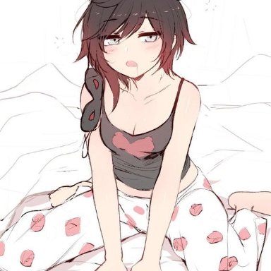 1girls, bed, breasts, eyebrows visible through hair, female, female only, looking at viewer, ndgd, open mouth, pajamas, ruby rose, rwby, simple background, sleepy, solo