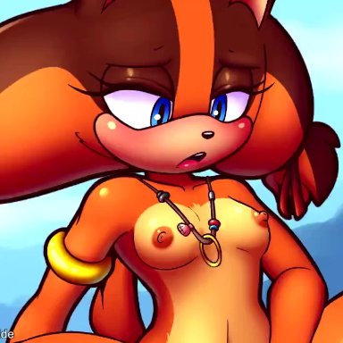 animated, anthro, areolae, arm support, artist name, badger, barefoot, beachside bunnies, biffalo, blue eyes, blush, breasts, brown fur, feet, female