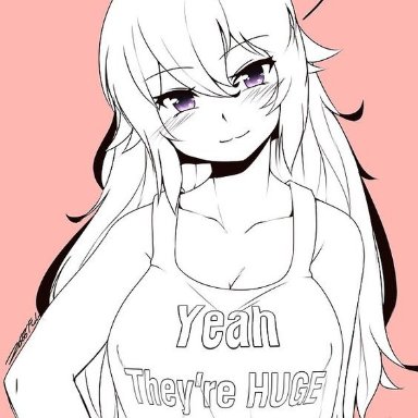 1girls, ahoge, artist request, breasts, english text, female, female only, heart, long hair, looking at viewer, monochrome, navel, rwby, simple background, solo
