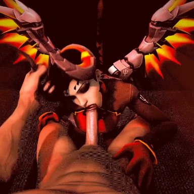 1boy, 1girl, 3d, alternate costume, angel, animated, blizzard entertainment, deepthroat, devil, devil mercy, fellatio, female, gif, gloves, horn grab