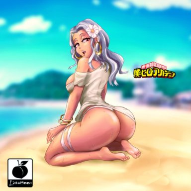 1girls, aged up, ass, barefoot, beach, big ass, bracelet, breasts, butt, earrings, eri (my hero academia), feet, female only, flower in hair, grey hair