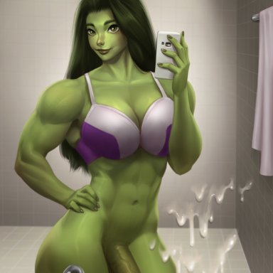 abs, bra, cellphone, cleavage, cum, cum on mirror, dickgirl, futanari, green hair, green skin, intersex, large penis, long hair, marvel, penis