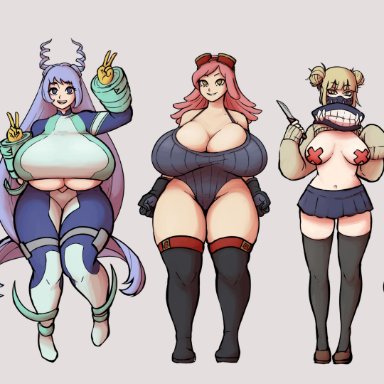 5girls, aiba manami, alternate breast size, big ass, big breasts, blonde hair, blue hair, chubby, cleavage, gigantic breasts, hadou nejire, hero outfit(mha), high heel boots, himiko toga, huge ass